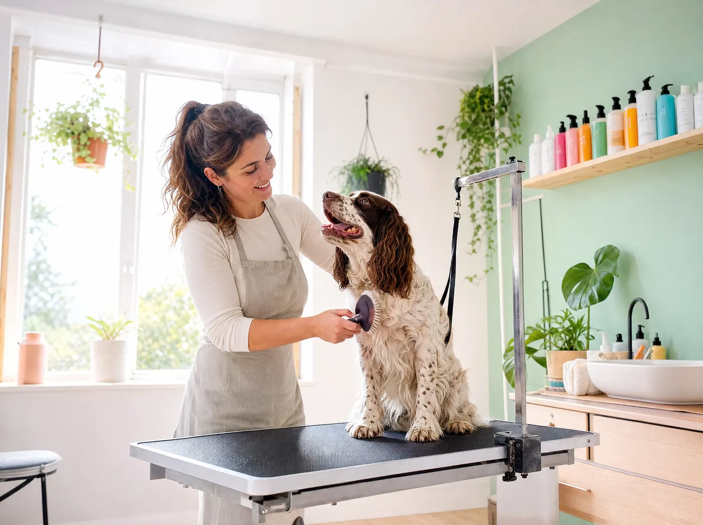 A groomer smiling at a springer spaniel she is brushing, in a bright salon with plants and a mint-green wall