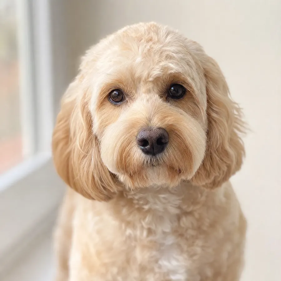 A freshly groomed cream cockapoo looking at the camera