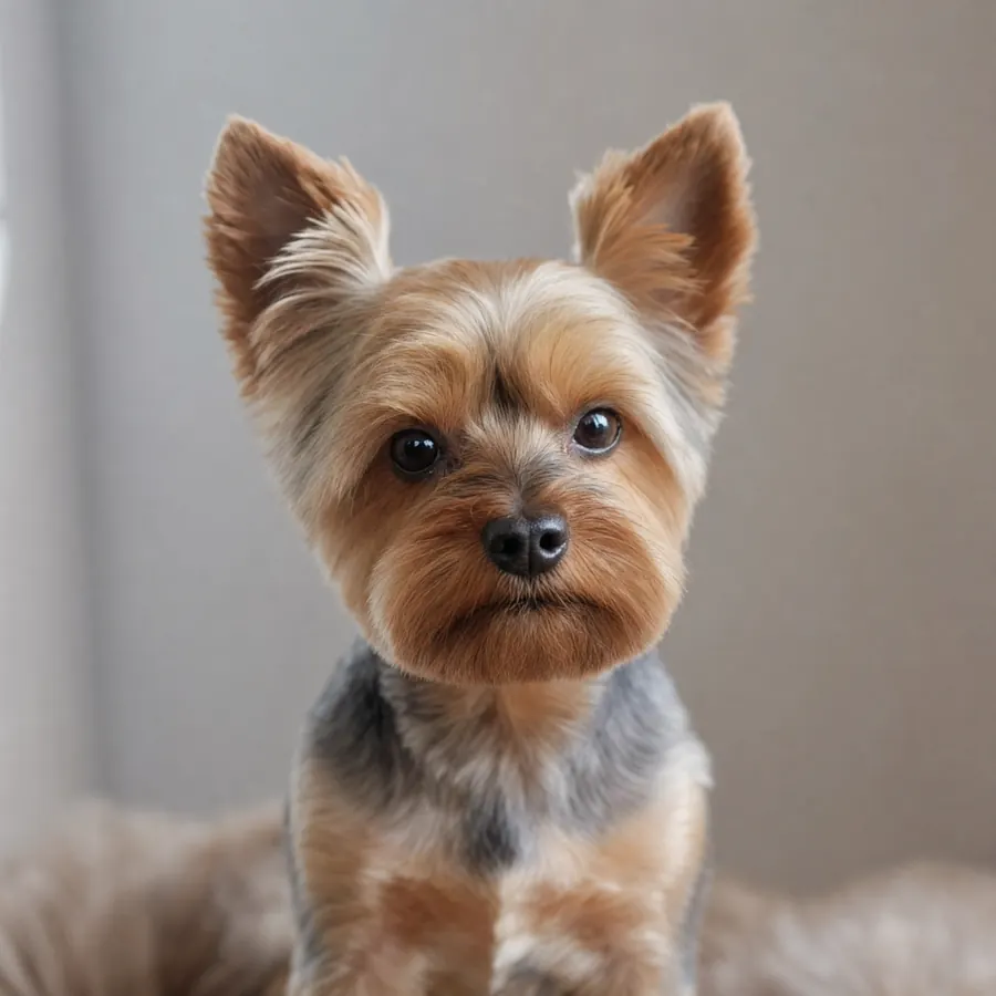 A freshly groomed Yorkshire terrier with a neat short trim