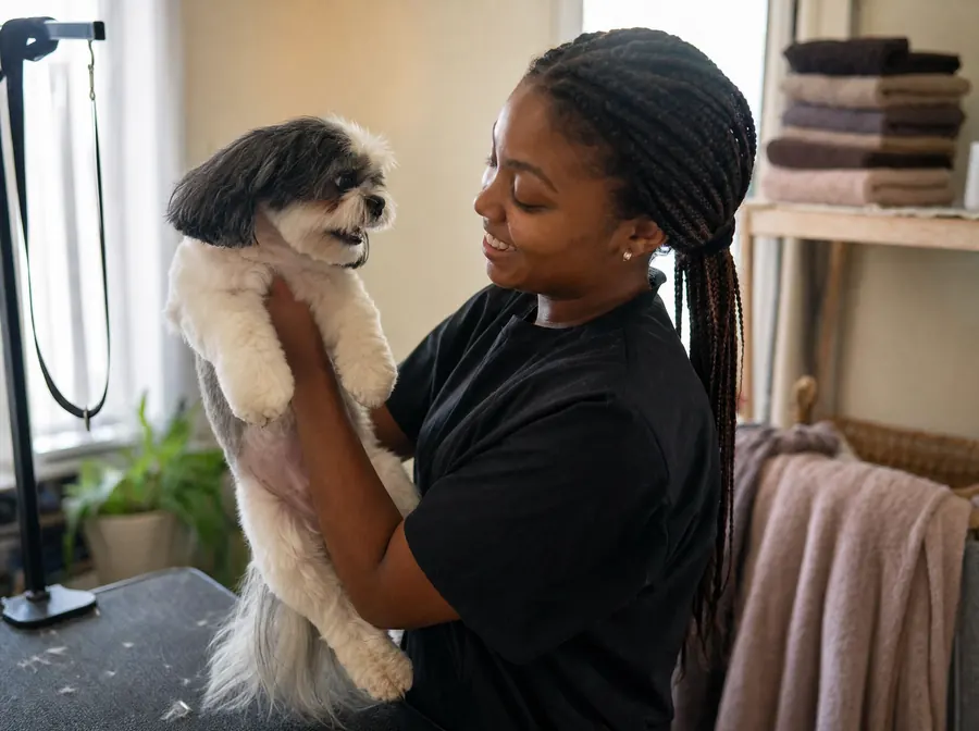 A home-based groomer lifting a freshly groomed shih tzu off the table