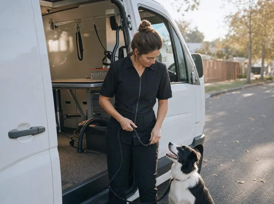 A mobile groomer at the open door of her grooming van with a border collie