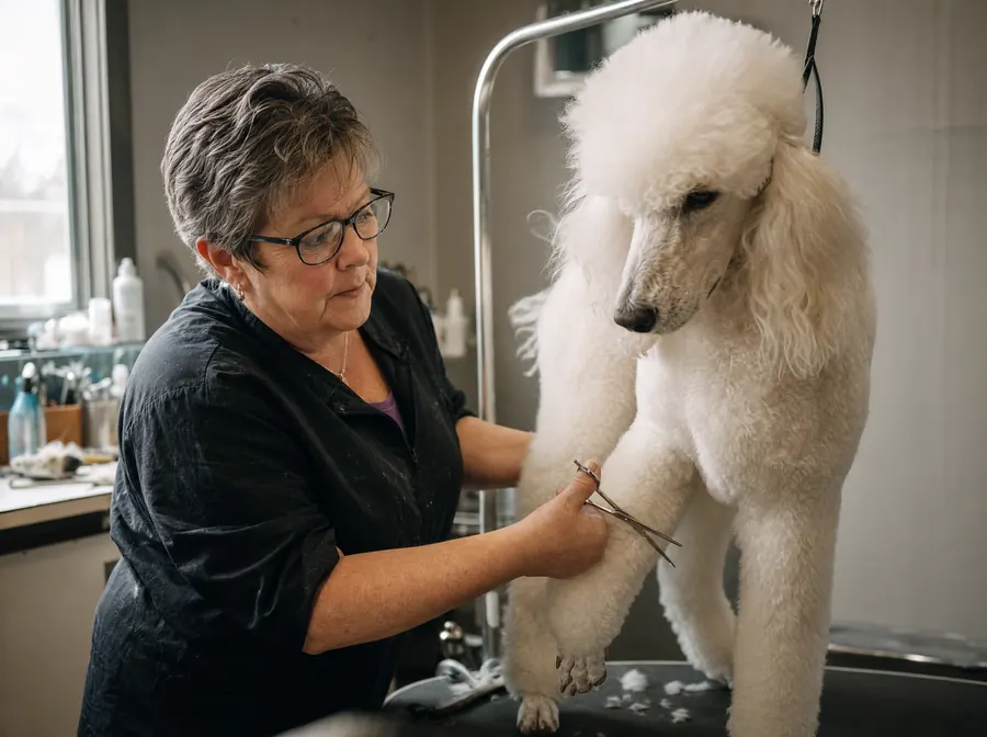 An experienced groomer carefully scissoring the leg of a white standard poodle
