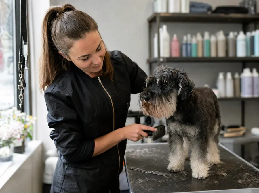 A groomer brushing a miniature schnauzer on a grooming table in a small salon
